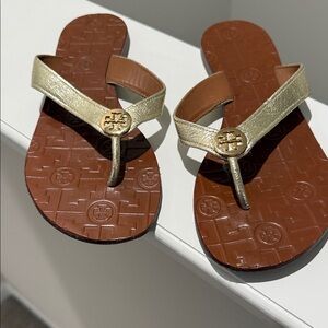 Tory Burch Metallic Gold and Brown Flip-Flops - size 9